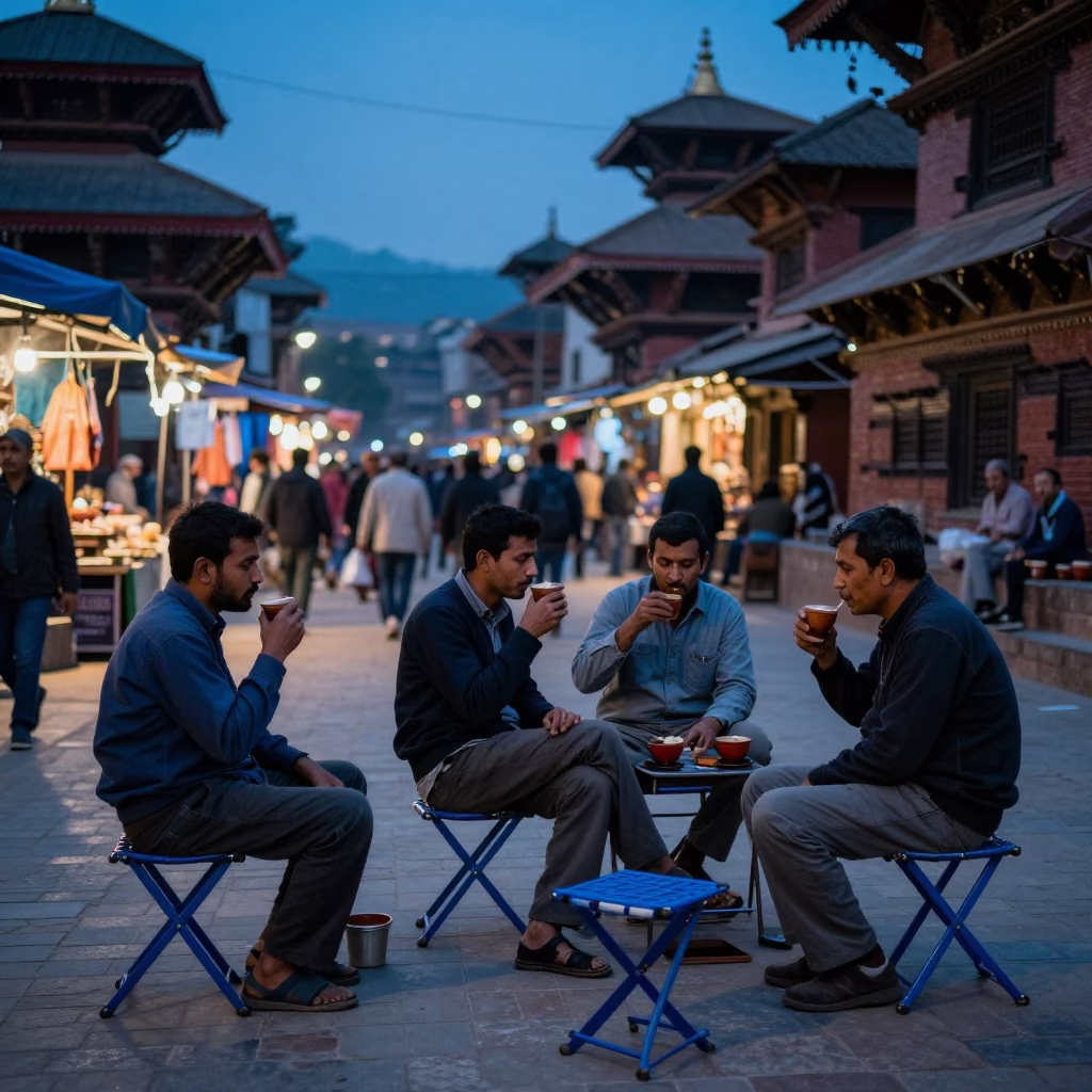 Twilight Street Scene in Kathmandu Nepal with Folding Stools and Market Activity in in Kathmandu, Nepal