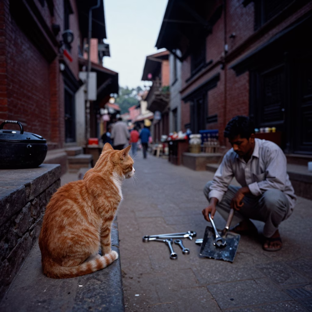 Twilight Street Scene in Kathmandu Nepal with Ginger Cat and Local Tools in in Kathmandu, Nepal