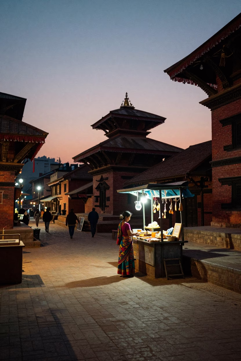 Twilight Street Scene in Kathmandu Nepal with Glass Pitcher and Local Interaction in in Kathmandu, Nepal