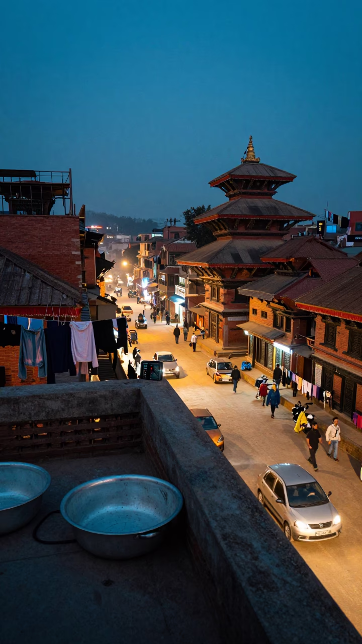 Twilight street scene in Kathmandu Nepal with hanging laundry and bustling urban life in in Kathmandu, Nepal
