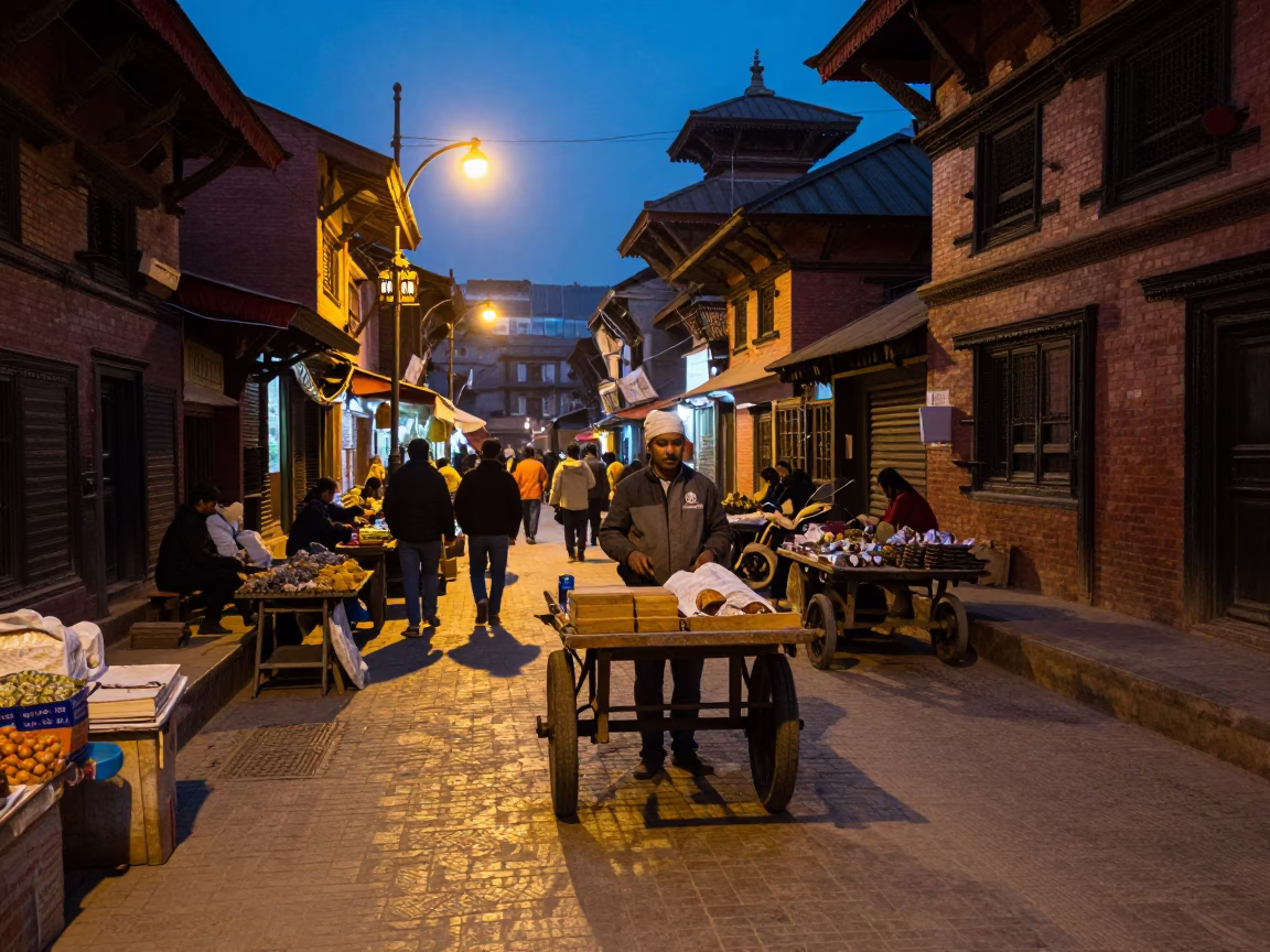 Twilight Street Scene in Kathmandu Nepal with Local Market Activity in in Kathmandu, Nepal