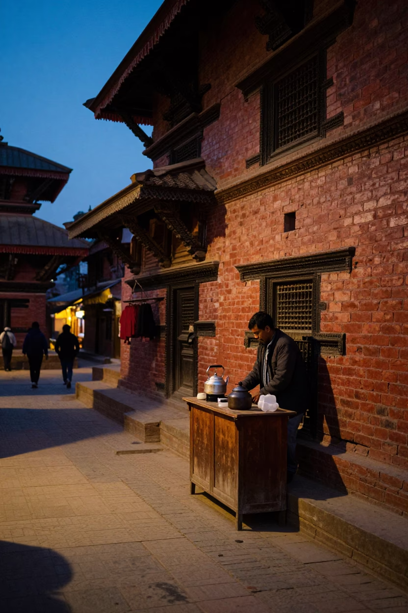 Twilight Street Scene in Kathmandu Nepal with Local Shopkeeper and Kettle in in Kathmandu, Nepal
