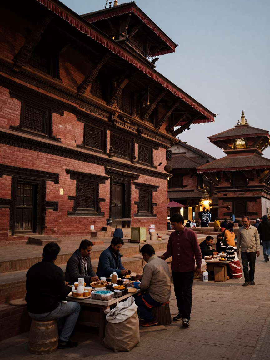 Twilight Street Scene in Kathmandu Nepal with Local Vendors and Traditional Architecture in in Kathmandu, Nepal