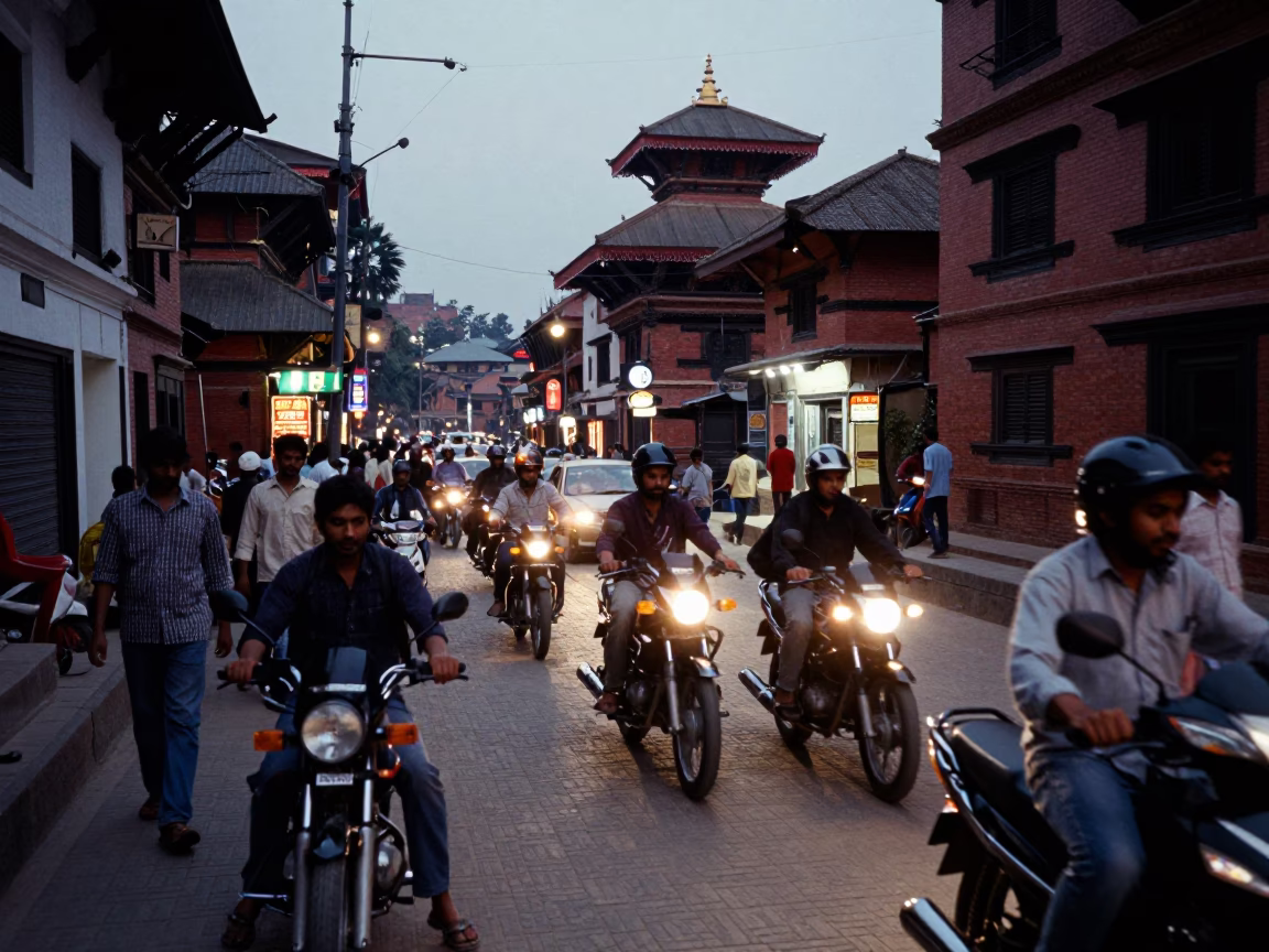 Twilight street scene in Kathmandu Nepal with motorbikes and pedestrians under fading light in in Kathmandu, Nepal