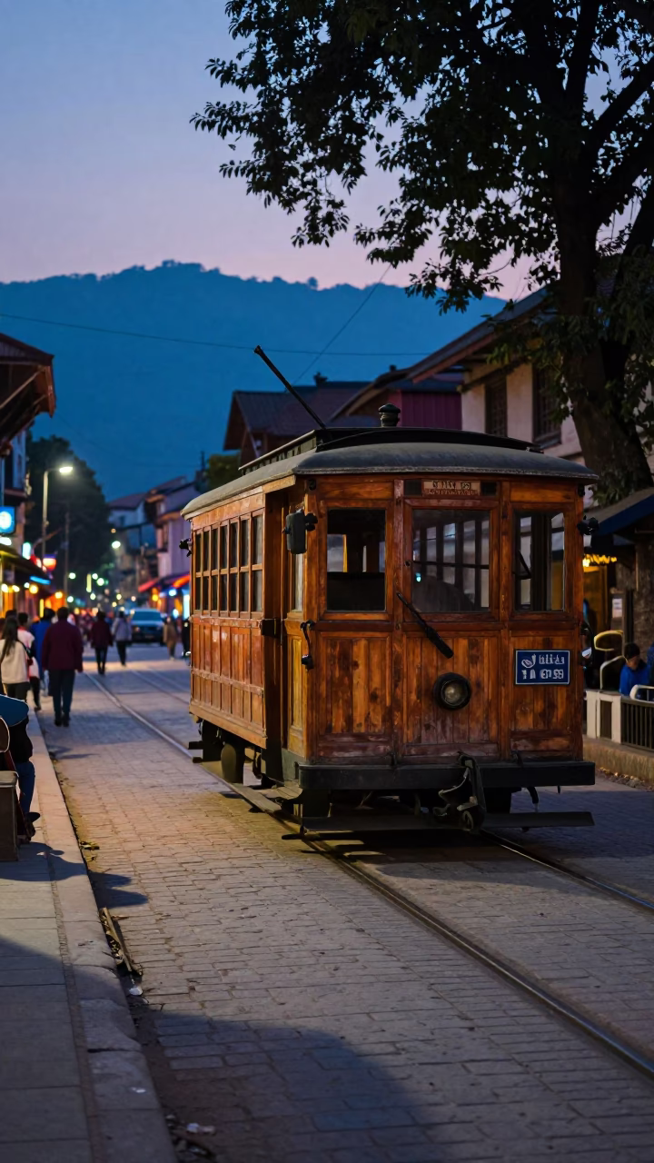 Twilight Street Scene in Kathmandu Nepal with Old Trolley and Local Life in in Kathmandu, Nepal