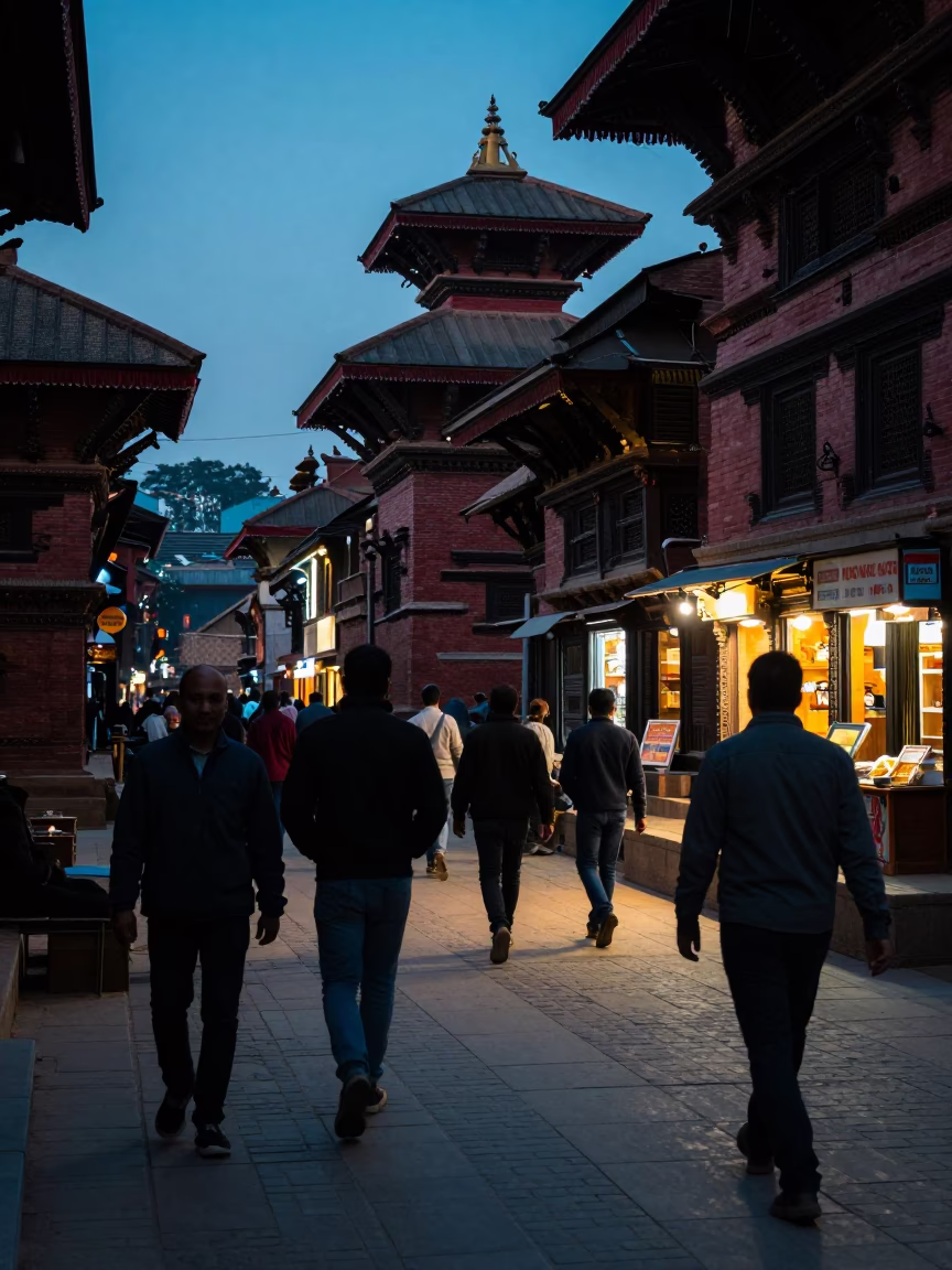 Twilight Street Scene in Kathmandu Nepal with Pedestrians and Traditional Architecture in in Kathmandu, Nepal
