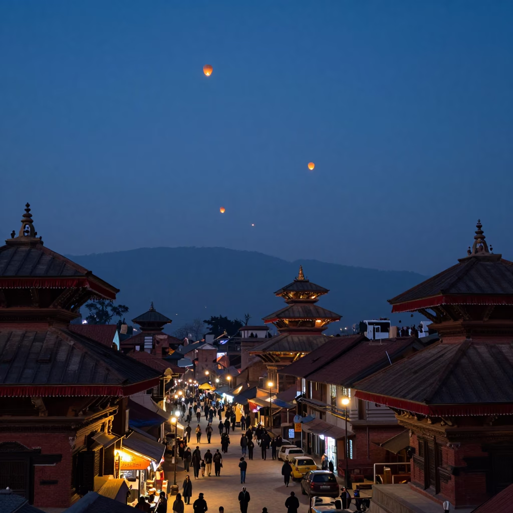 Twilight Street Scene in Kathmandu Nepal with Sky Lanterns and Traditional Architecture in in Kathmandu, Nepal