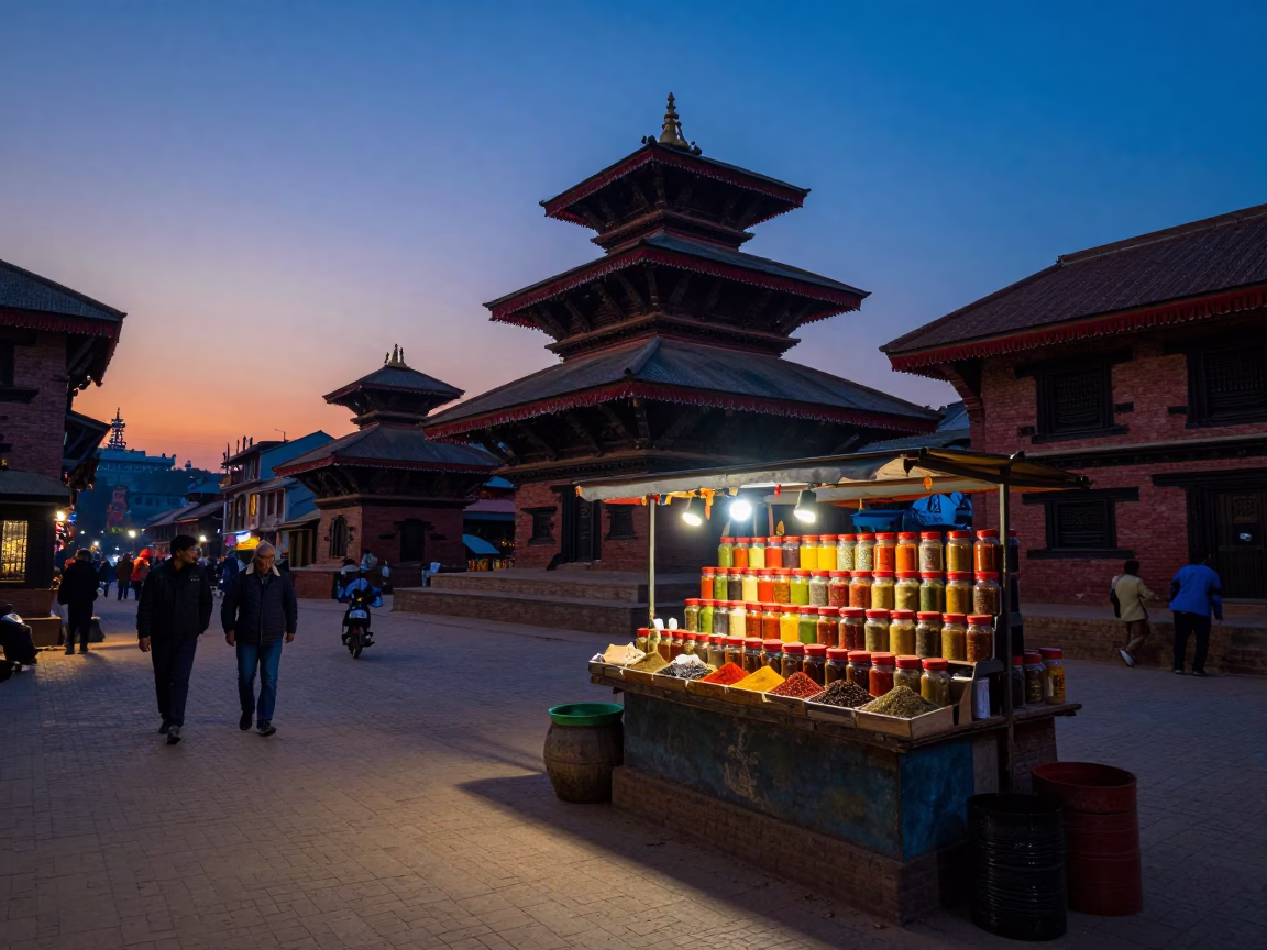 Twilight Street Scene in Kathmandu Nepal with Spice Jars and Local Market Activity in in Kathmandu, Nepal