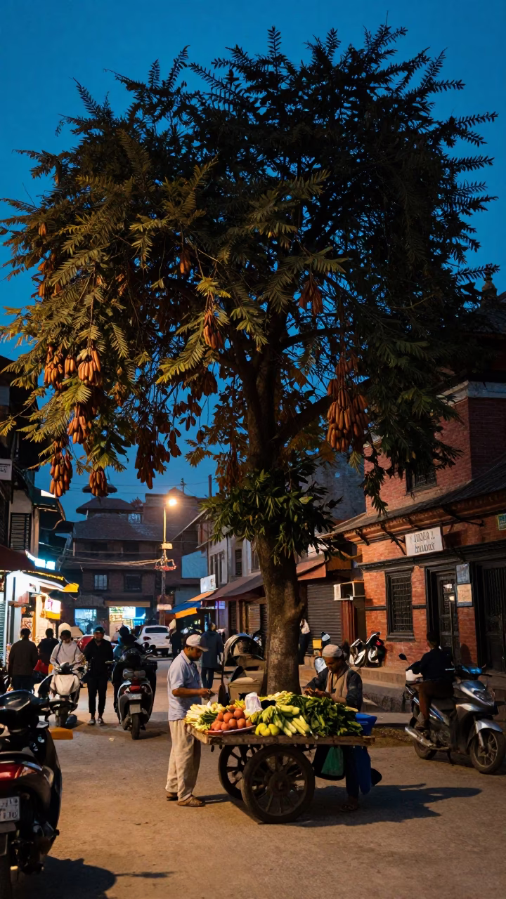 Twilight Street Scene in Kathmandu Nepal with Tamarind Tree and Local Vendors in in Kathmandu, Nepal