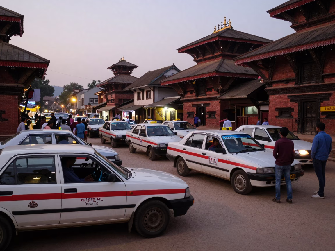 Twilight street scene in Kathmandu Nepal with taxi rank and traditional architecture in in Kathmandu, Nepal