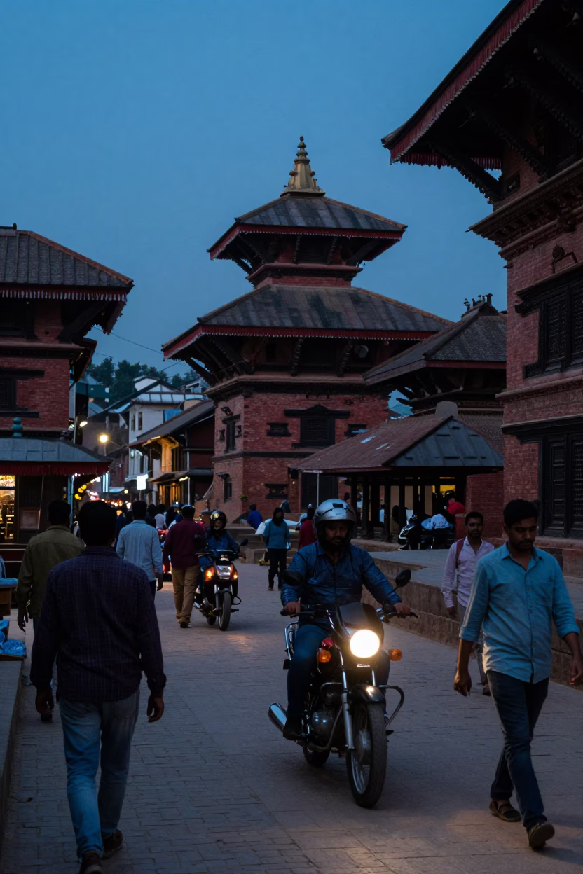 Twilight Street Scene in Kathmandu Nepal with Traditional Brick Architecture and Local Life in in Kathmandu, Nepal