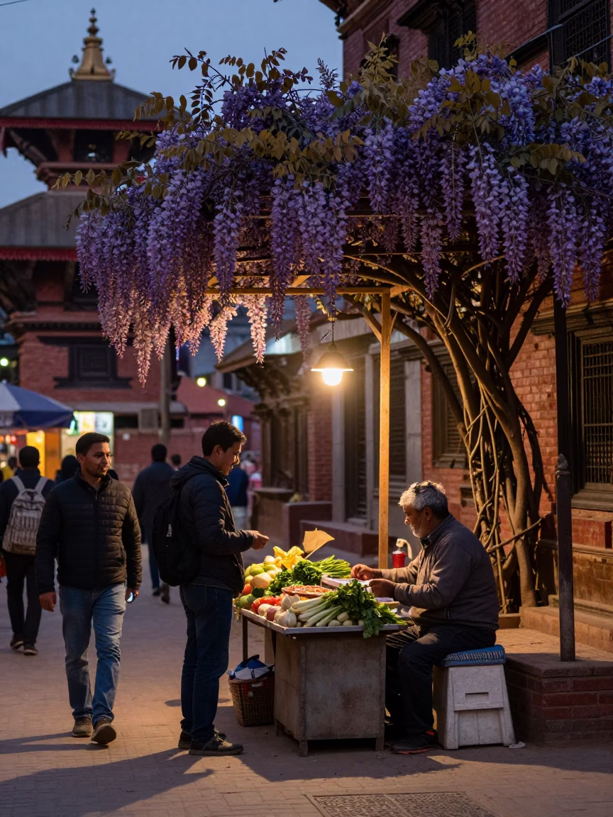 Twilight Street Scene in Kathmandu Nepal with Wisteria Pergola and Local Life in in Kathmandu, Nepal