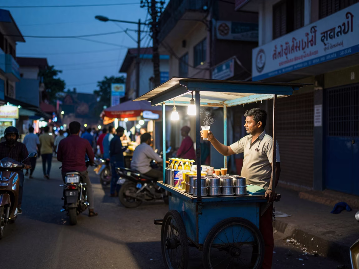 Twilight Street Scene in Kochi India with Chai Stall and Busy Traffic in in Kochi, India