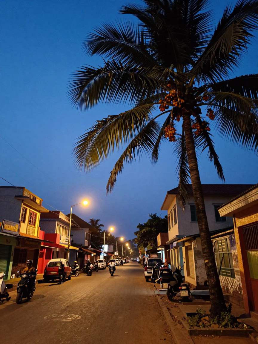 Twilight Street Scene in Kochi India with Date Palm and Colorful Auto Rickshaw in in Kochi, India