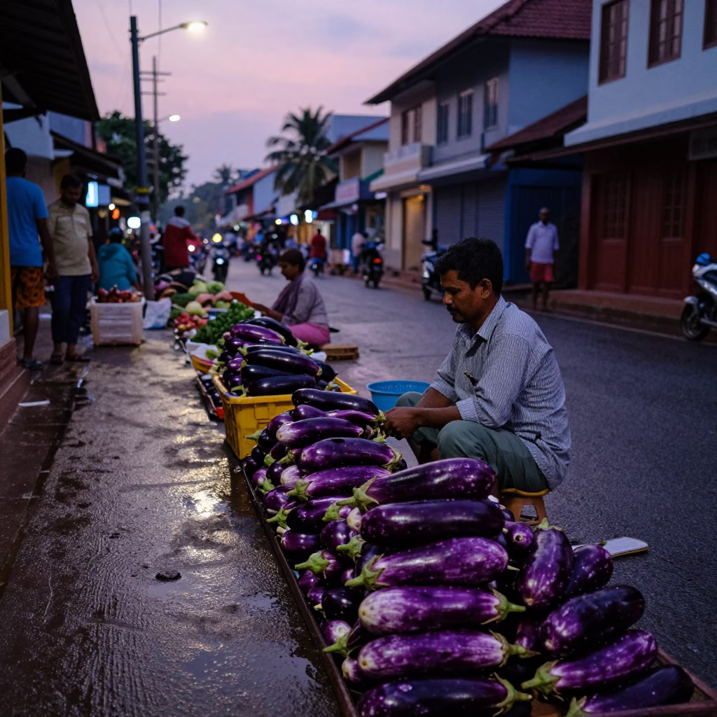 Twilight Street Scene in Kochi India with Eggplants and Traditional Life in in Kochi, India