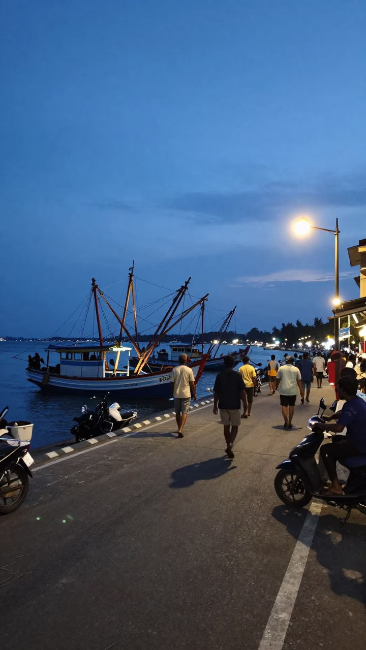 Twilight Street Scene in Kochi India with Fishing Boat and Lantern Light in in Kochi, India