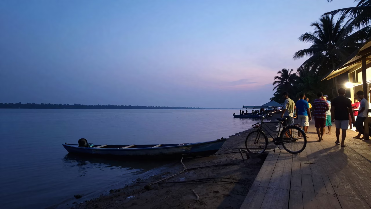 Twilight street scene in Kochi India with fishing kayak and bicycle rack in in Kochi, India