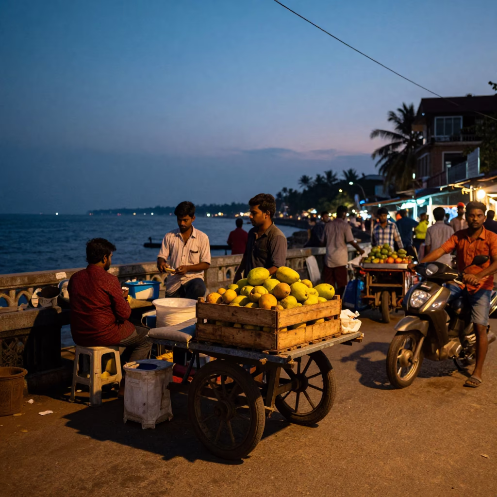 Twilight Street Scene in Kochi India with Fruit Crate and Cable Car View in in Kochi, India