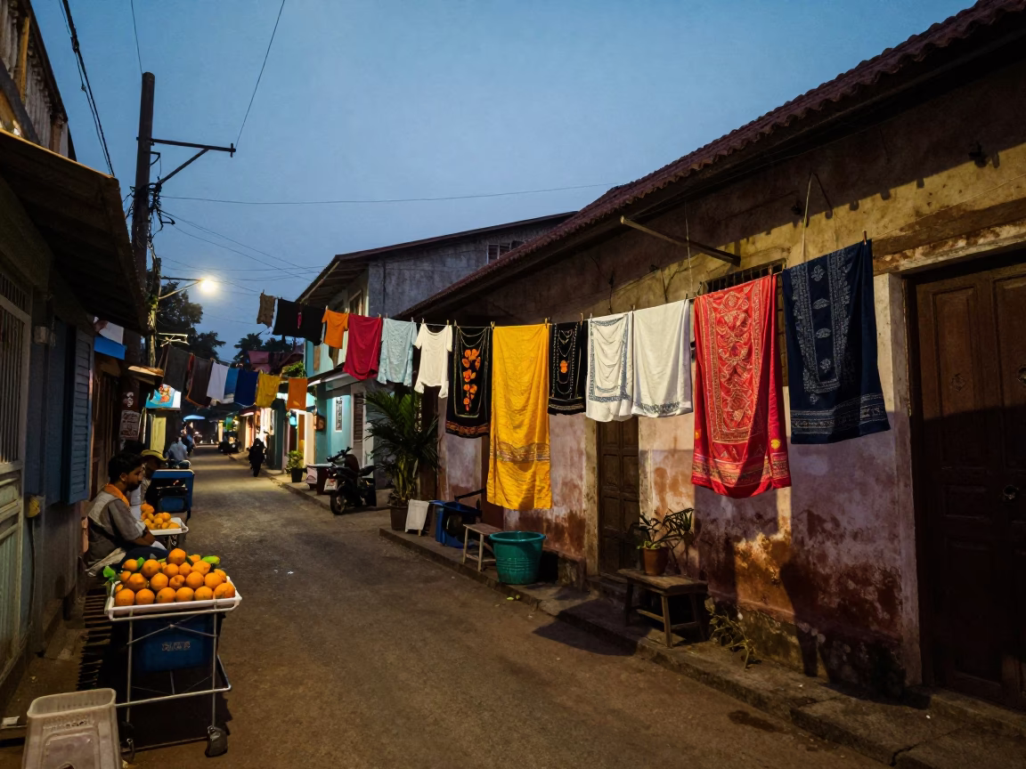 Twilight Street Scene in Kochi India with Hanging Laundry and Local Market Activity in in Kochi, India