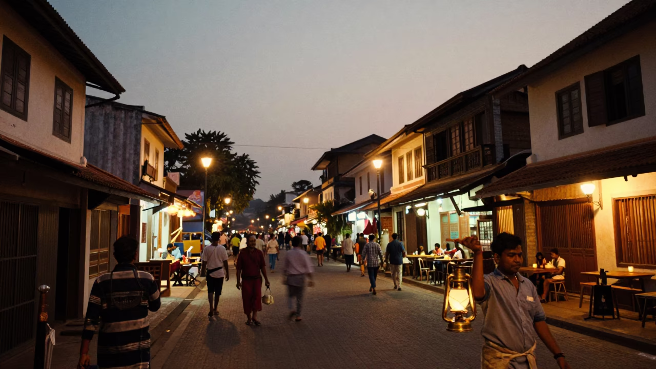 Twilight Street Scene in Kochi India with Lanterns and Traditional Architecture in in Kochi, India