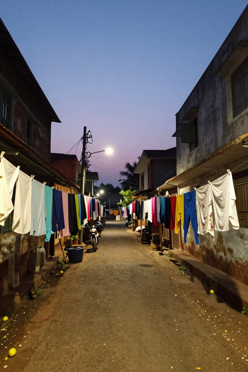 Twilight street scene in Kochi India with laundry pins and lemons in in Kochi, India