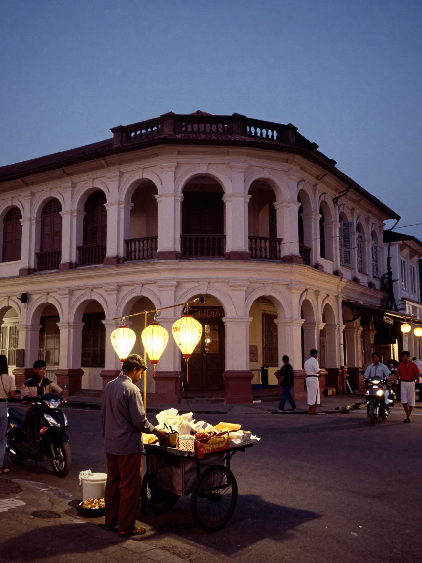 Twilight Street Scene in Kochi India with Vendor and Paper Lanterns in in Kochi, India