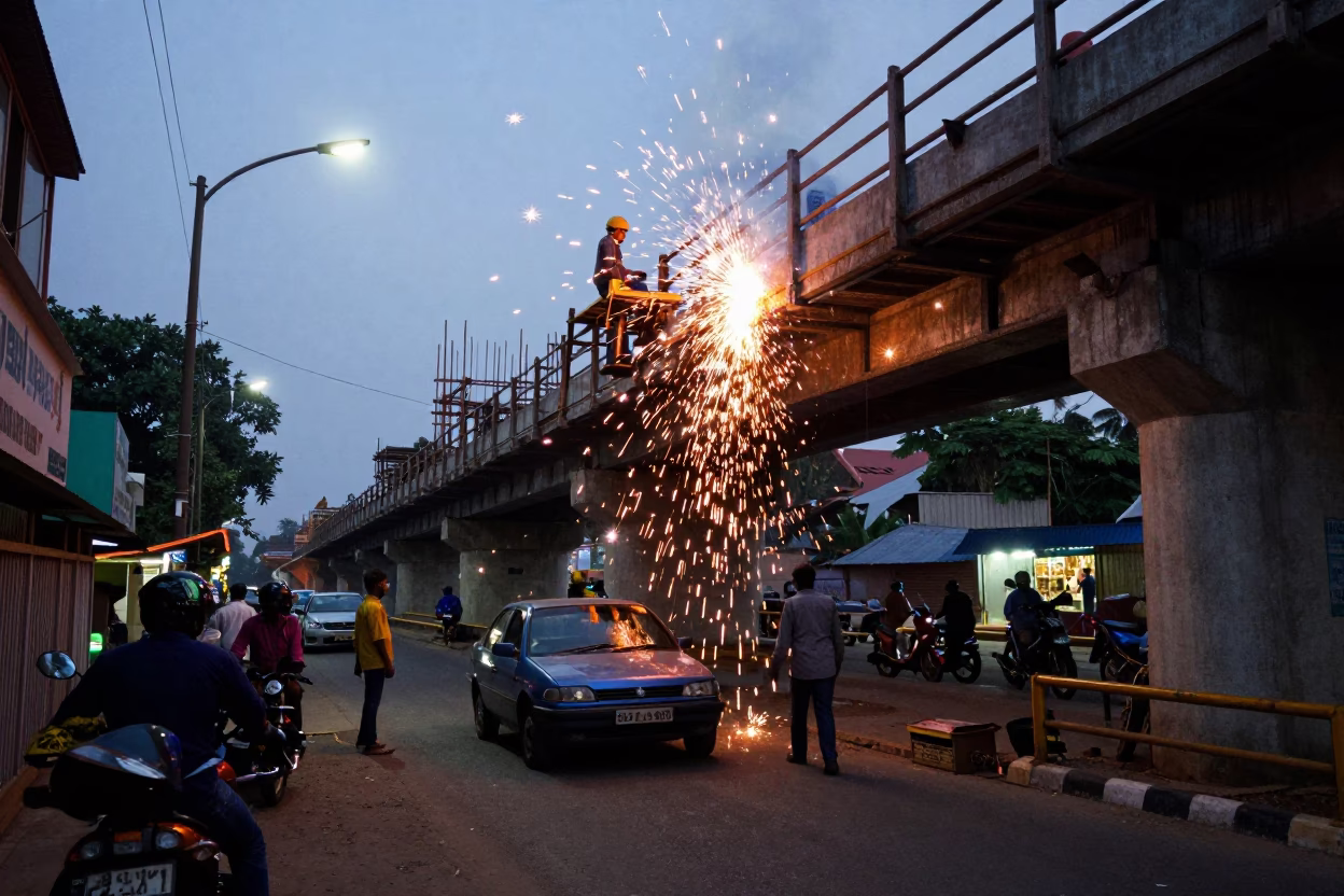 Twilight Street Scene in Kochi India with Welding Sparks Under Bridge Construction Platform in in Kochi, India