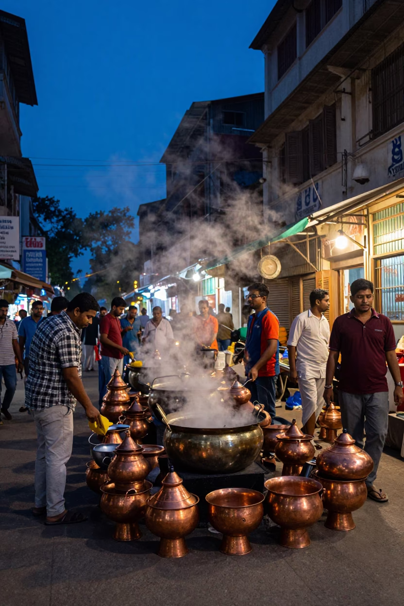 Twilight Street Scene in Kolkata India Featuring Copper Bowls and Local Dining in in Kolkata, India