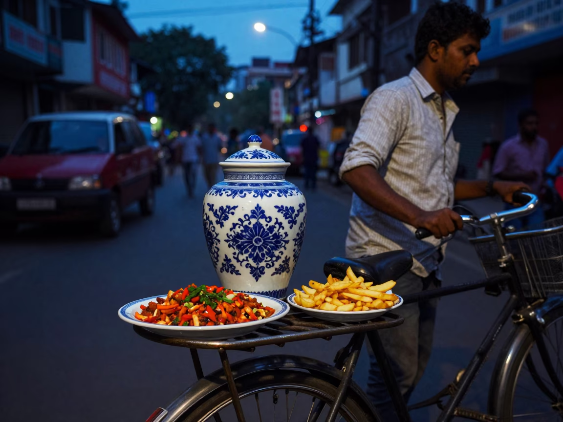 Twilight Street Scene in Kolkata India with Blue Porcelain Jar and Lomo Saltado Plate in in Kolkata, India