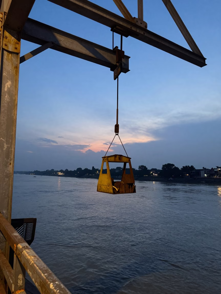 Twilight Street Scene in Kolkata India with Bridge Maintenance Cradle and River Water in in Kolkata, India