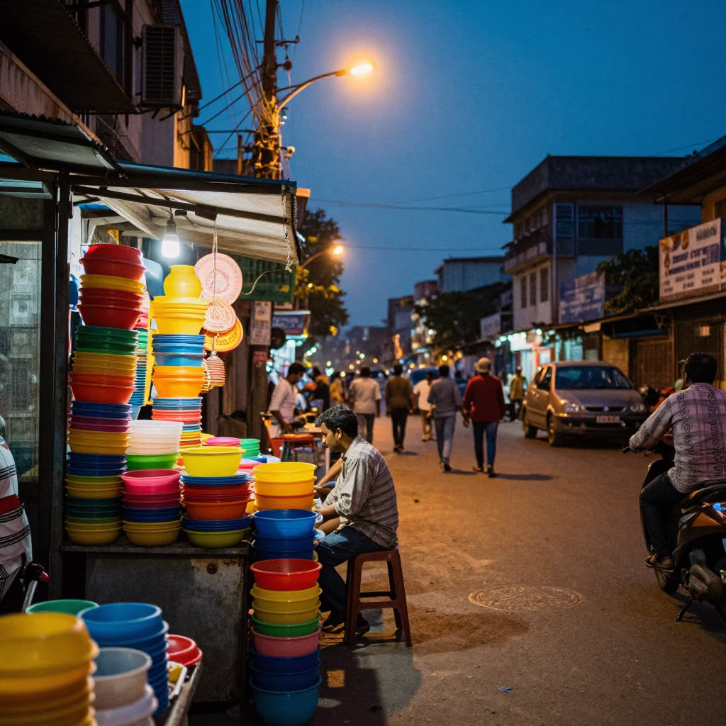Twilight street scene in Kolkata India with colorful shop displays and local commerce in in Kolkata, India