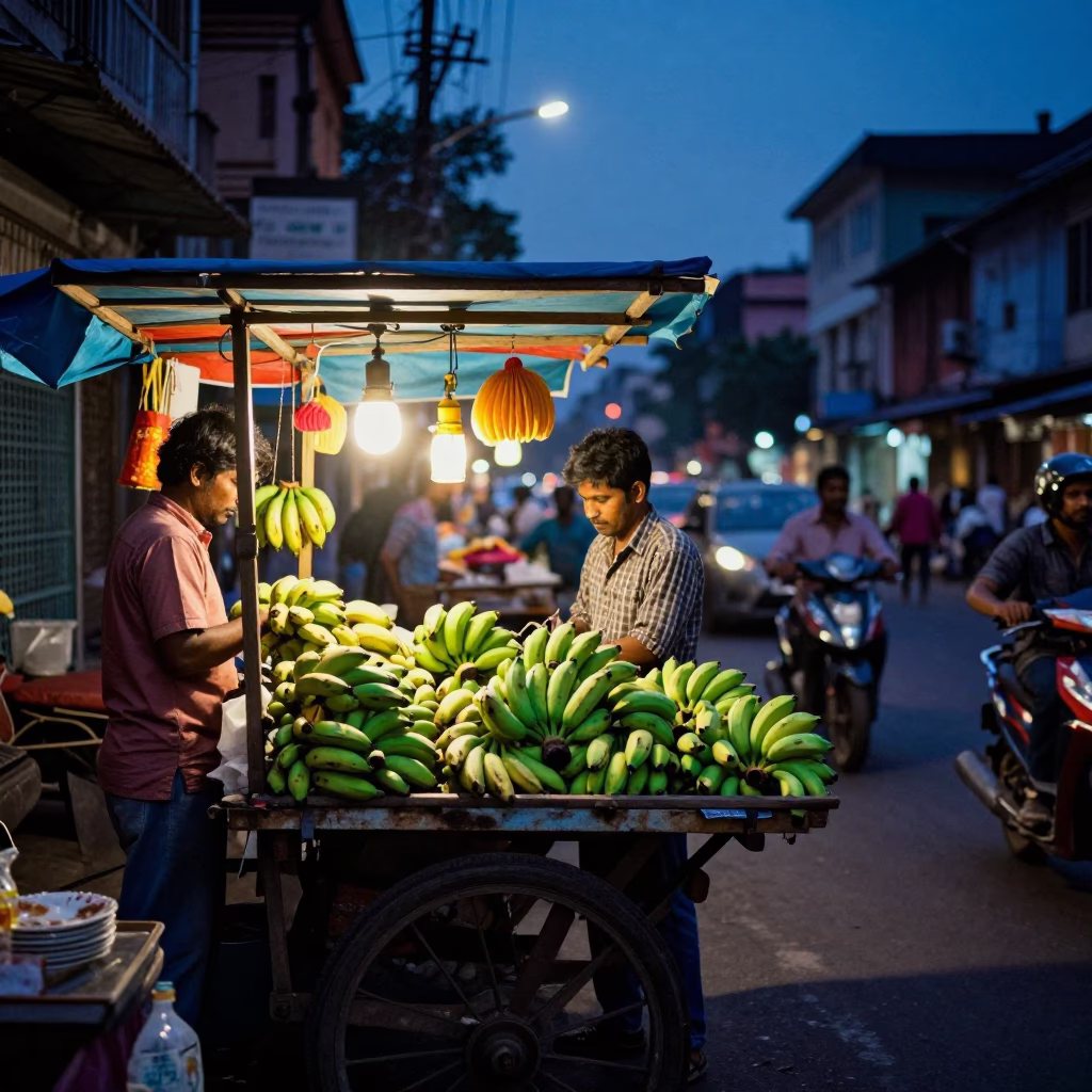 Twilight Street Scene in Kolkata India with Colorful Vendor Stall and Urban Life in in Kolkata, India