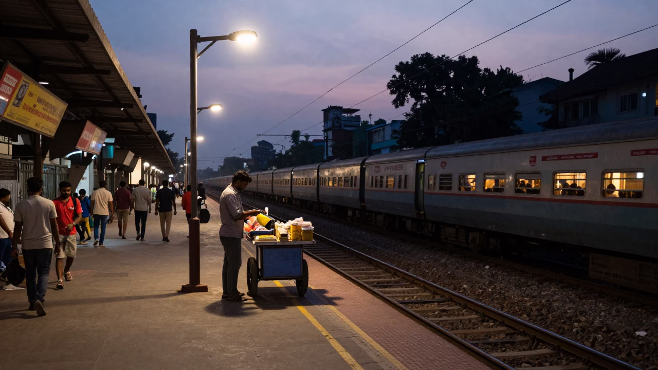 Twilight street scene in Kolkata India with commuter train platform and vintage storage tin in in Kolkata, India