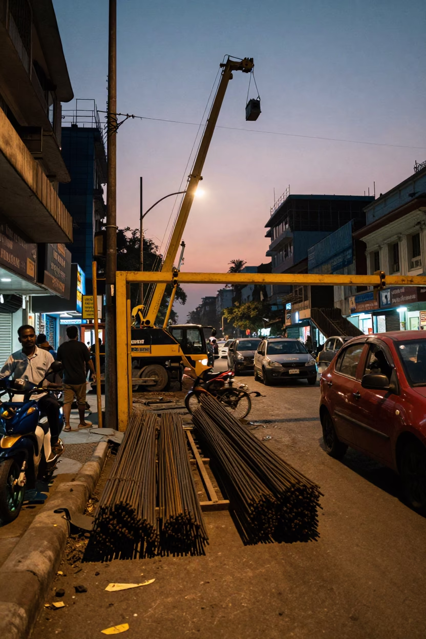 Twilight Street Scene in Kolkata India with Construction Elevator Gate and Urban Life in in Kolkata, India