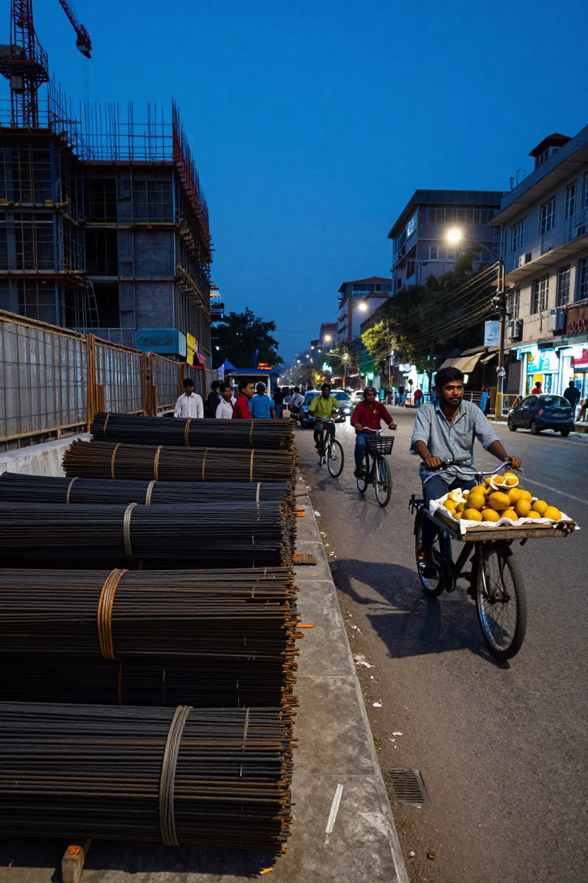 Twilight Street Scene in Kolkata India with Construction Site and Urban Life in in Kolkata, India