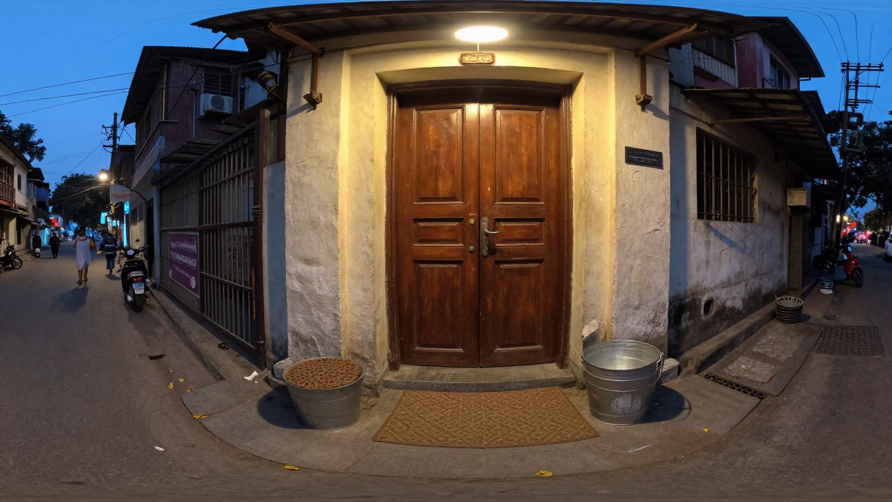Twilight Street Scene in Kolkata India with Metal Bucket and Door Mats in in Kolkata, India