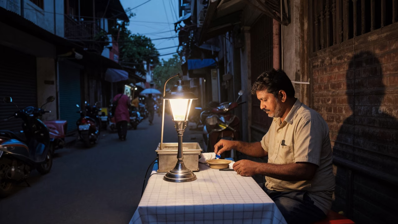 Twilight Street Scene in Kolkata India with Shopkeeper and Vintage Lamp in in Kolkata, India