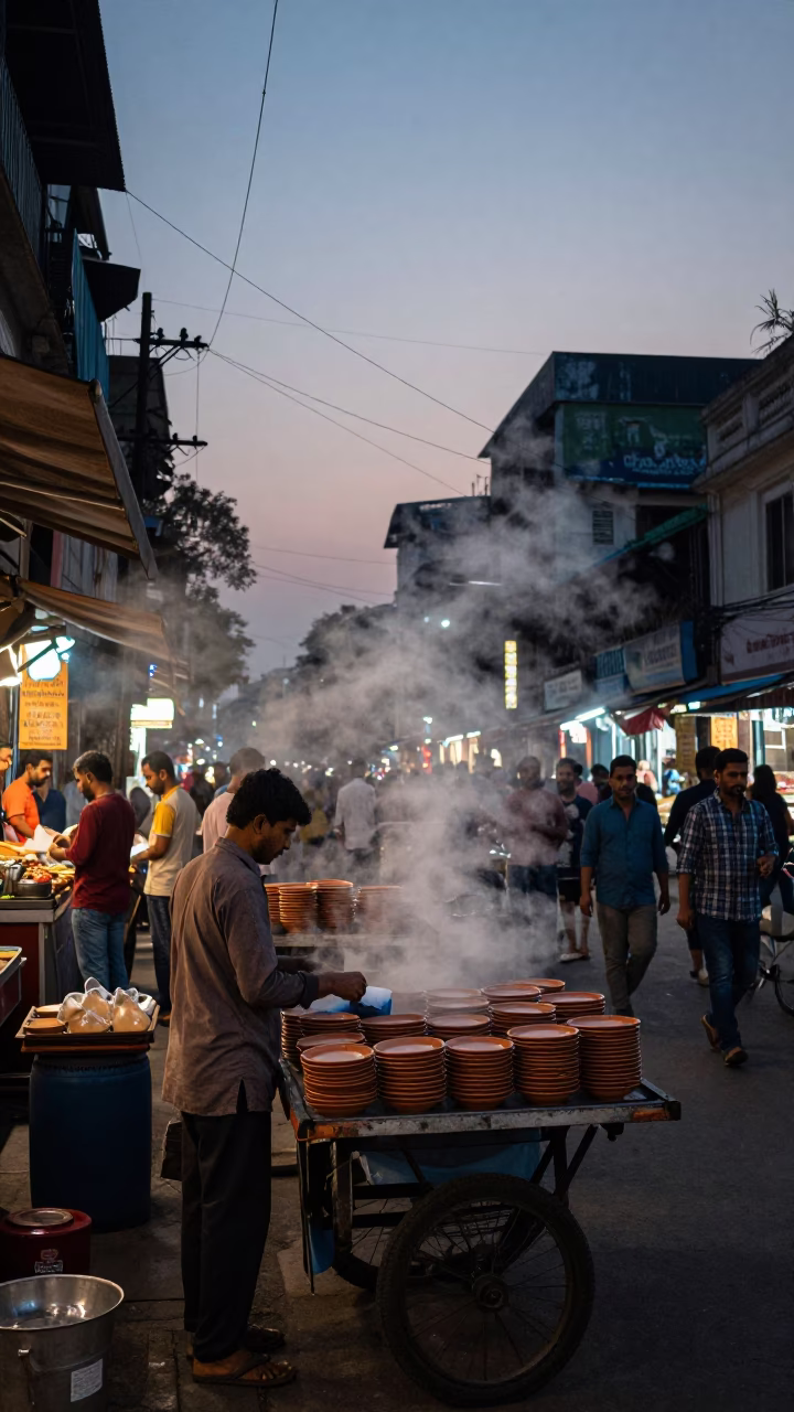Twilight Street Scene in Kolkata India with Steam Haze and Local Market Activity in in Kolkata, India