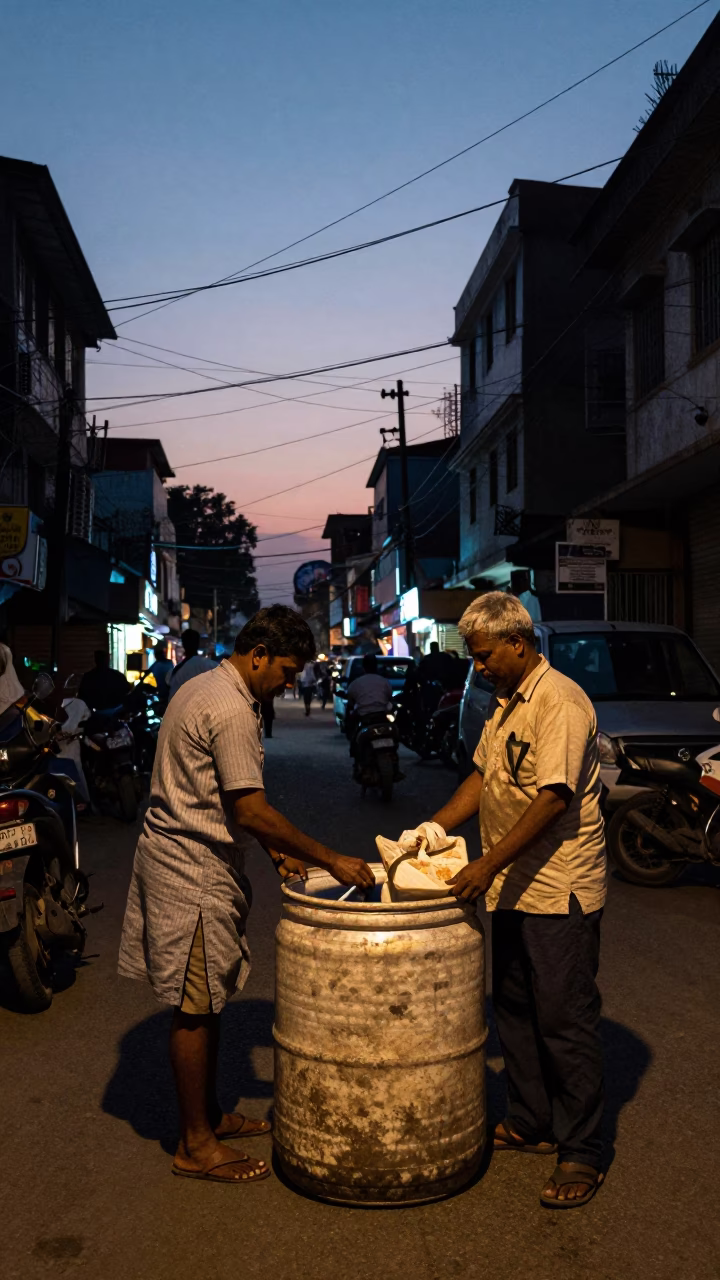 Twilight Street Scene in Kolkata India with Utility Crock and Lived In Urban Details in in Kolkata, India