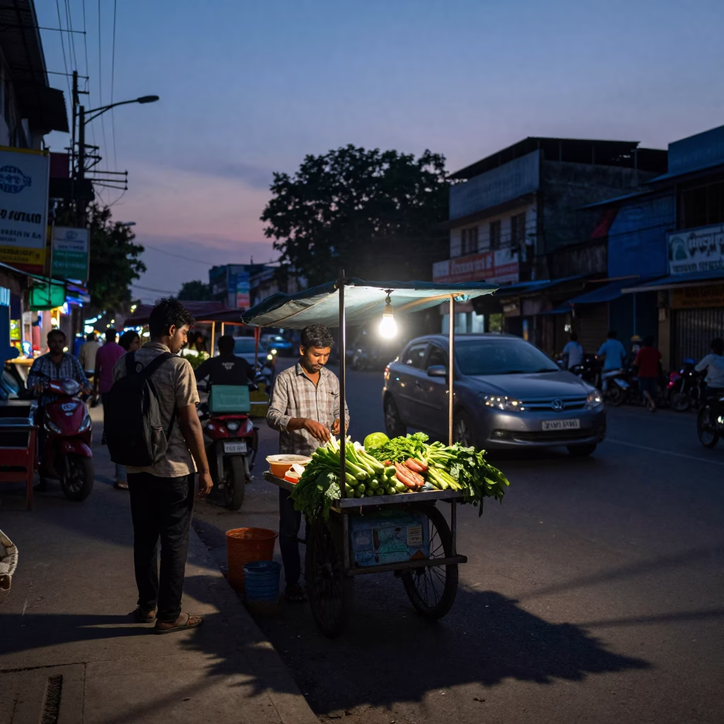 Twilight street scene in Kolkata India with vendors and pedestrians in in Kolkata, India