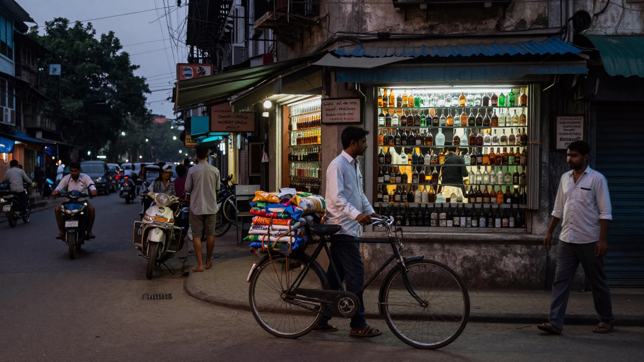 Twilight street scene in Kolkata India with vintage bicycle and local shop signs in in Kolkata, India