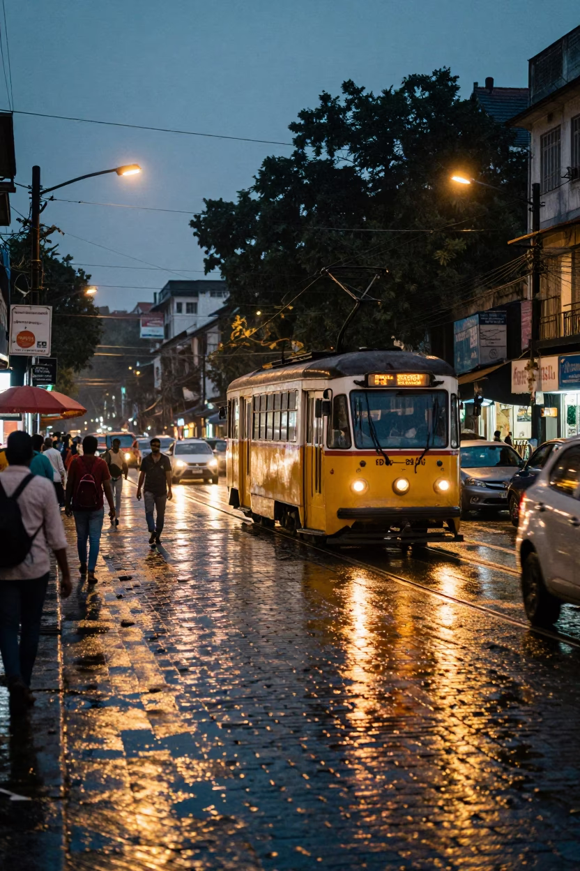 Twilight Street Scene in Kolkata India with Yellow Trams and Busy Urban Life in in Kolkata, India