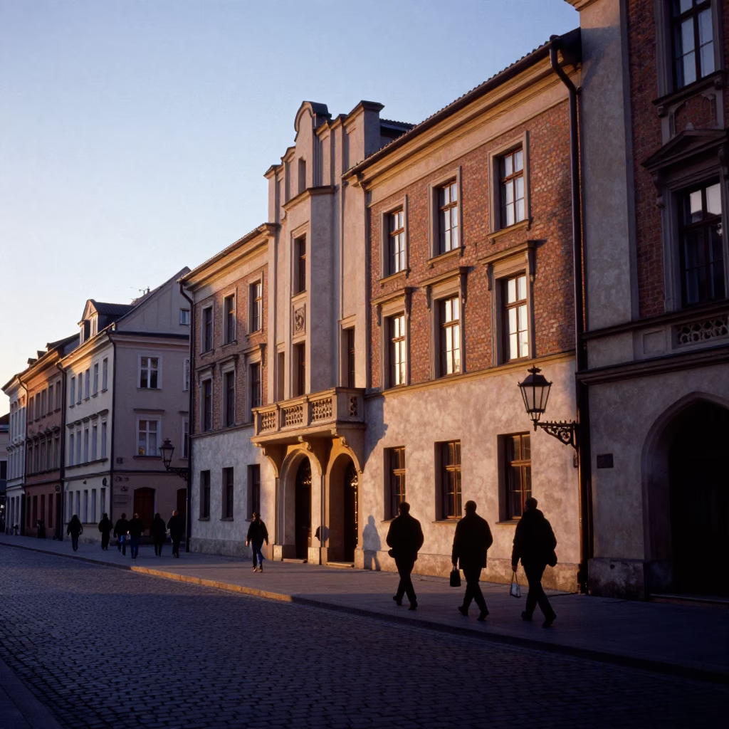Twilight Street Scene in Krakow Poland with Bauhaus Style Architecture and Urban Evening Ambiance in in Krakow, Poland