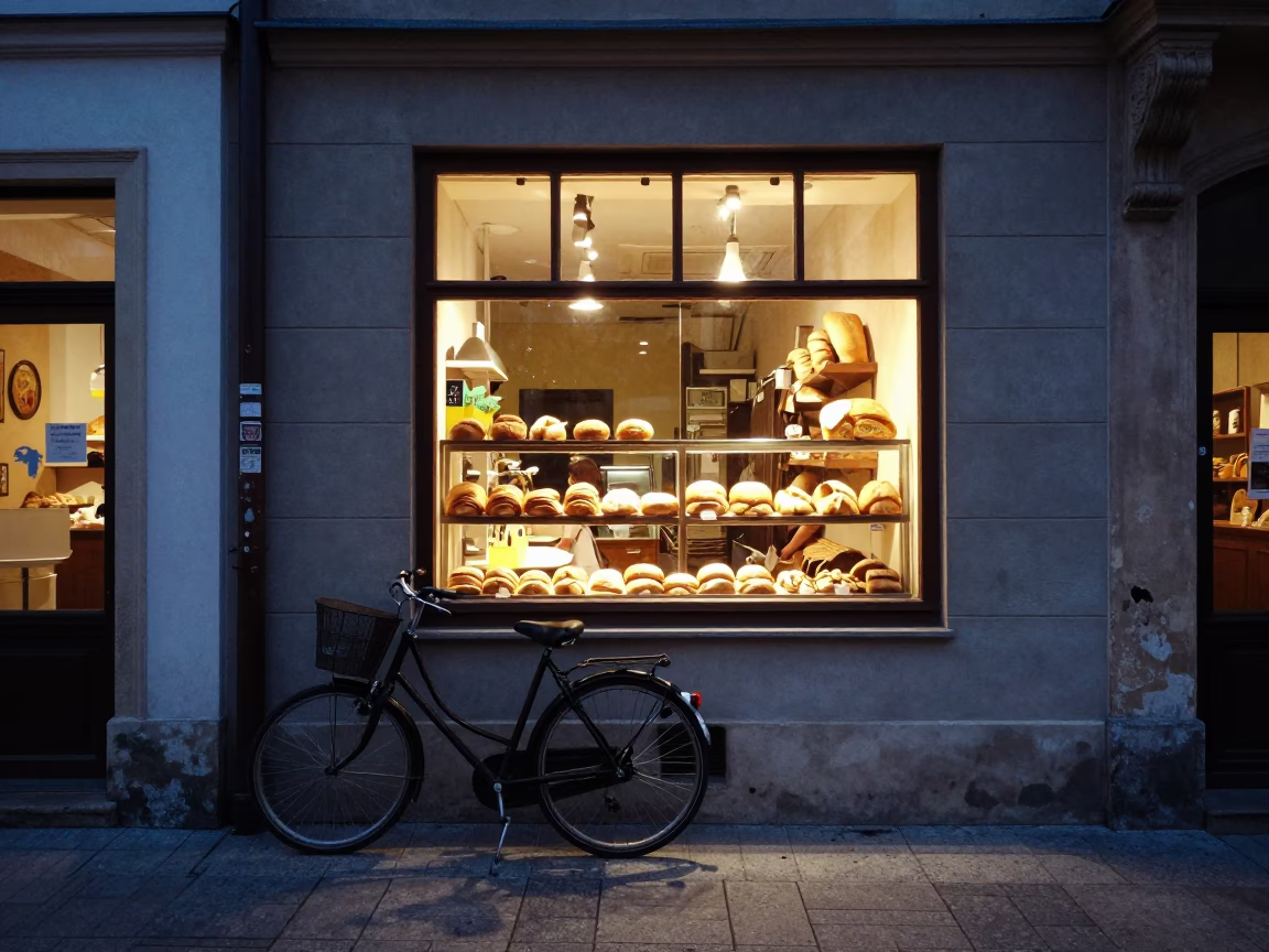 Twilight Street Scene in Krakow Poland with Bicycle and Bakery Window in in Krakow, Poland