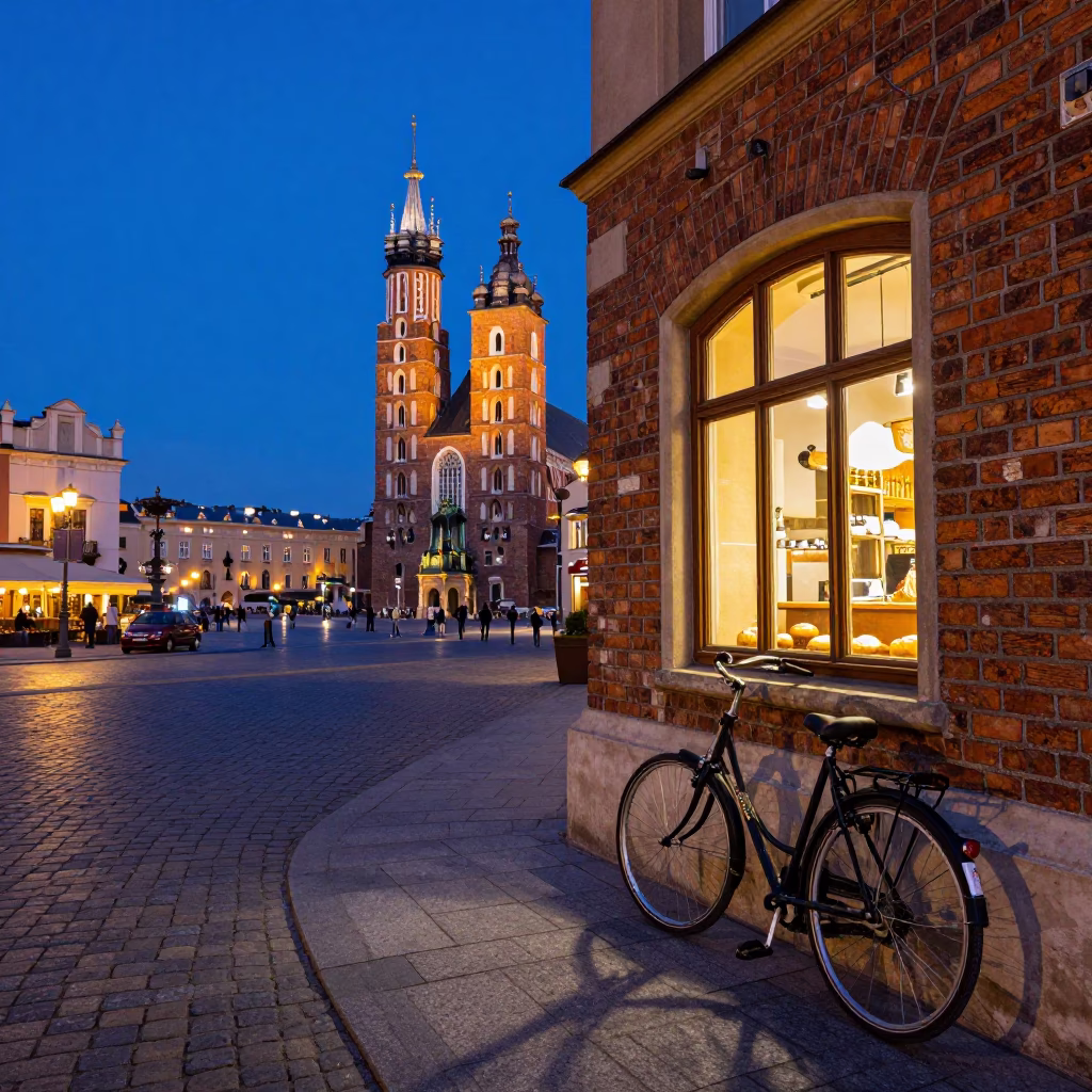 Twilight Street Scene in Krakow Poland with Bicycle and Bakery in in Krakow, Poland