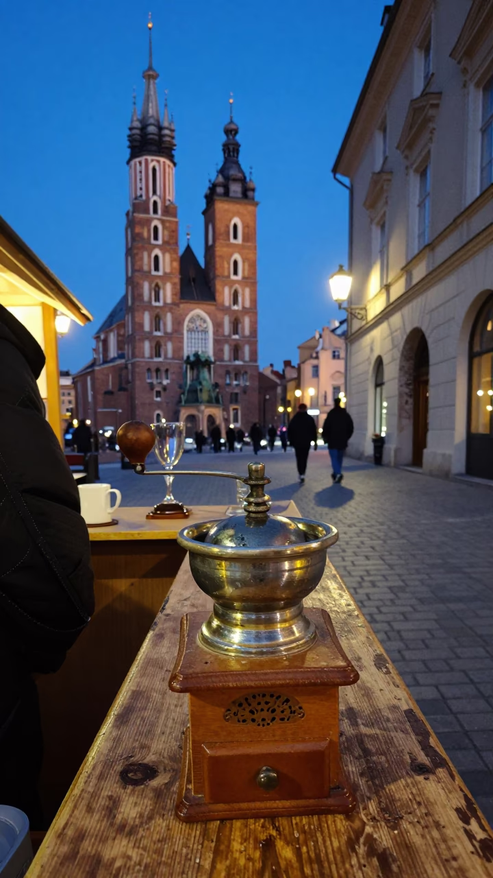 Twilight Street Scene in Krakow Poland with Coffee Grinder and Glass Tumbler in in Krakow, Poland