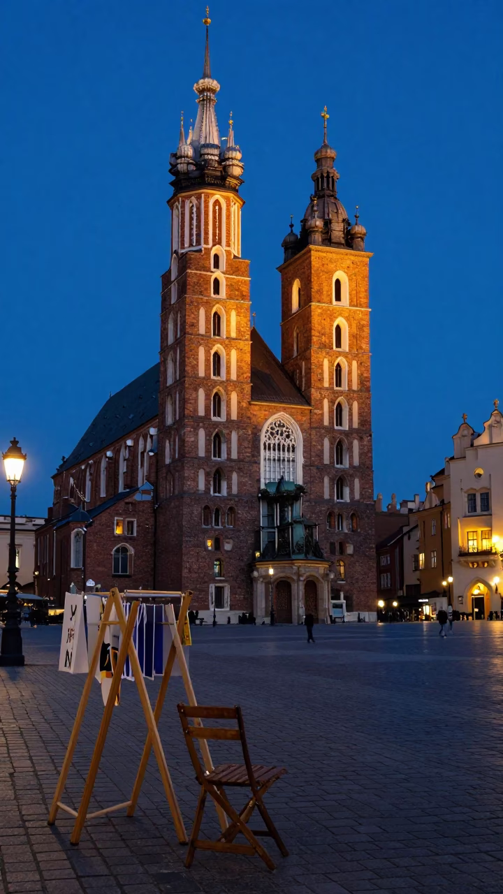 Twilight Street Scene in Krakow Poland with Drying Rack and Wooden Chair in in Krakow, Poland
