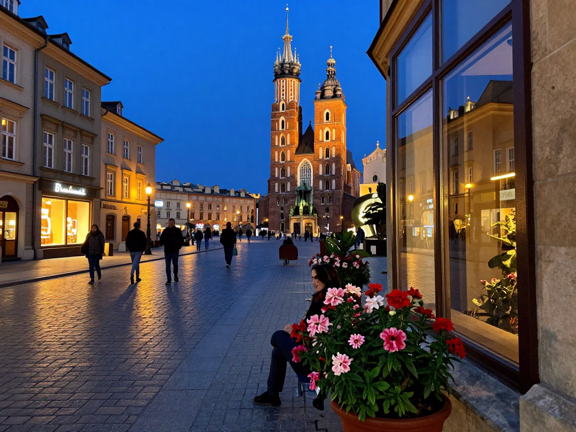 Twilight Street Scene in Krakow Poland with Flowering Plant and Glass Pitcher on Cobblestone in in Krakow, Poland