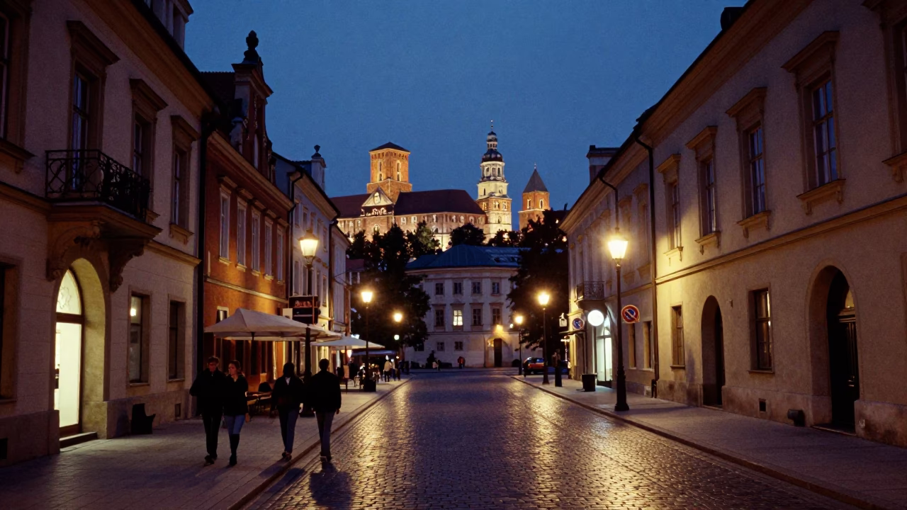 Twilight street scene in Krakow Poland with historic architecture and local dining in in Krakow, Poland