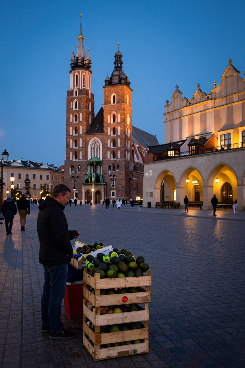 Twilight Street Scene in Krakow Poland with Local Vendor and Traditional Market Elements in in Krakow, Poland